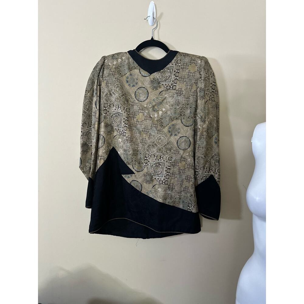 Vintage Ungaro Silk Black Beige Metallic Patchwork Print Long Sleeve Top Size 10 - Picture 3 of 7